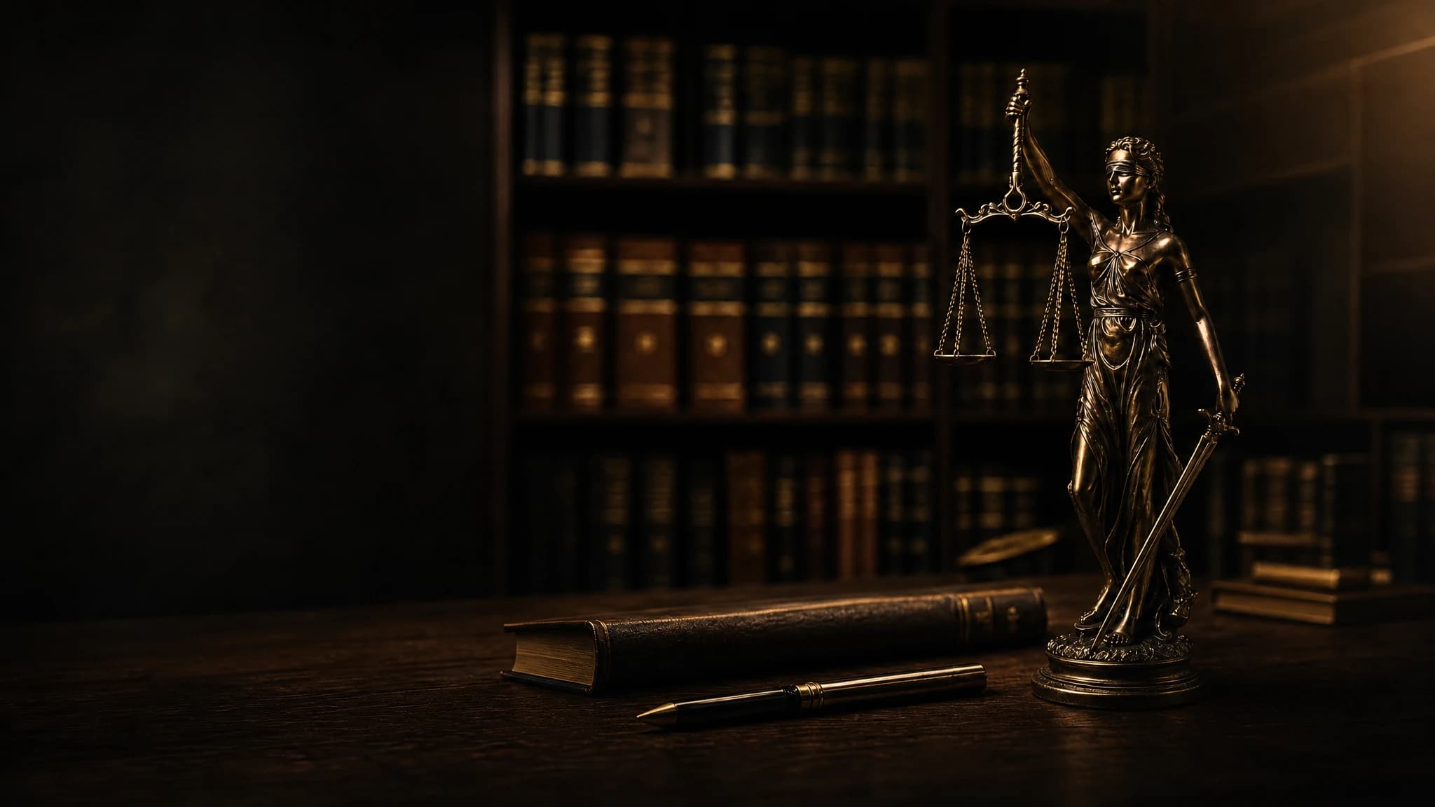 Estátua da Justiça com a balança sobre uma mesa de advocacia, sob luz dourada